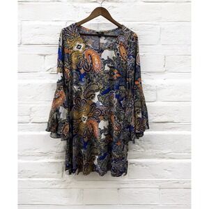 MSK Dress Womens Paisley Bell Sleeve Boho Short Stretch Flowy Sheath Dress Large